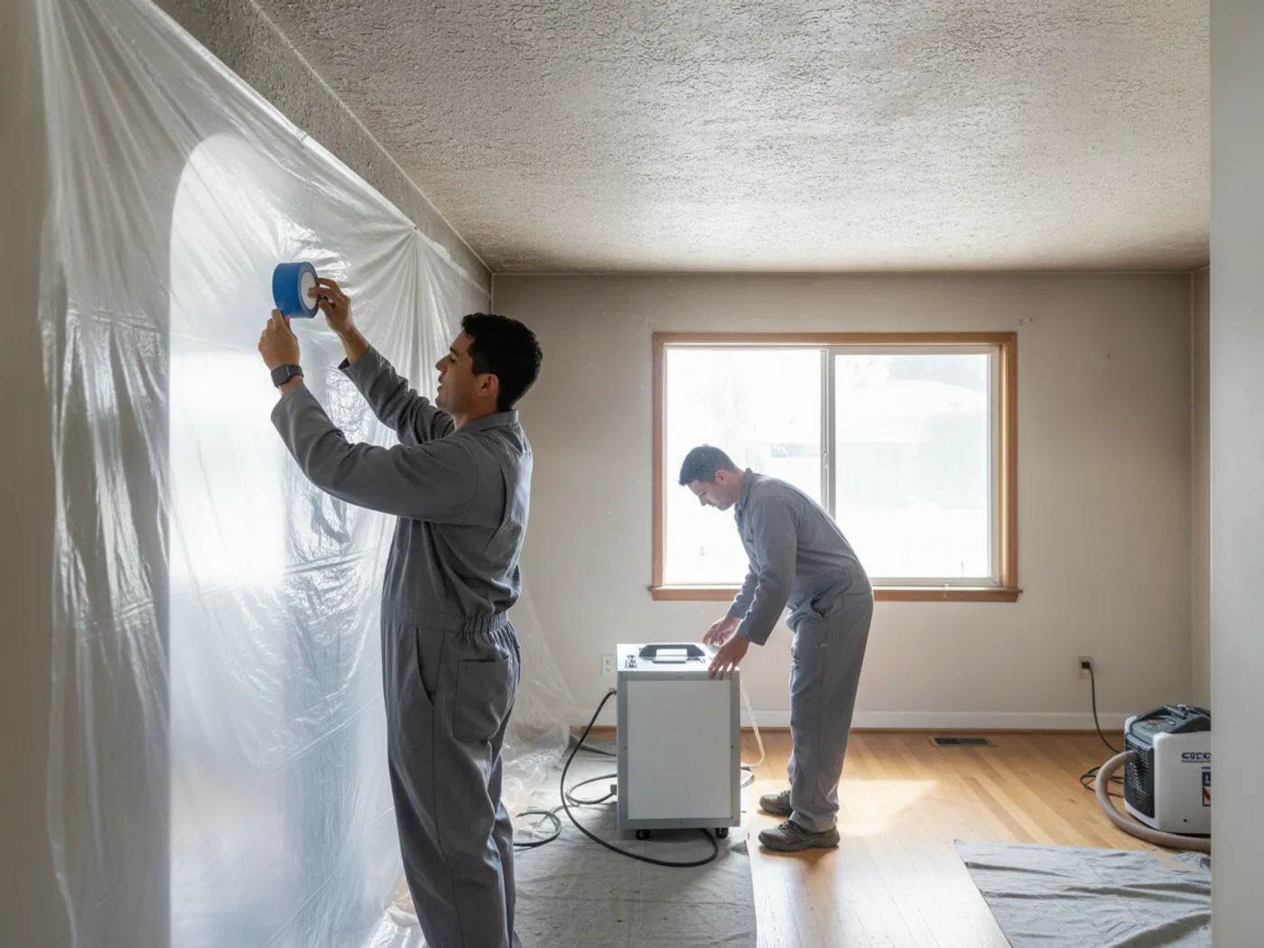 Fire damage restoration crew setting up air scrubbers in a smoke-damaged Van Nuys home